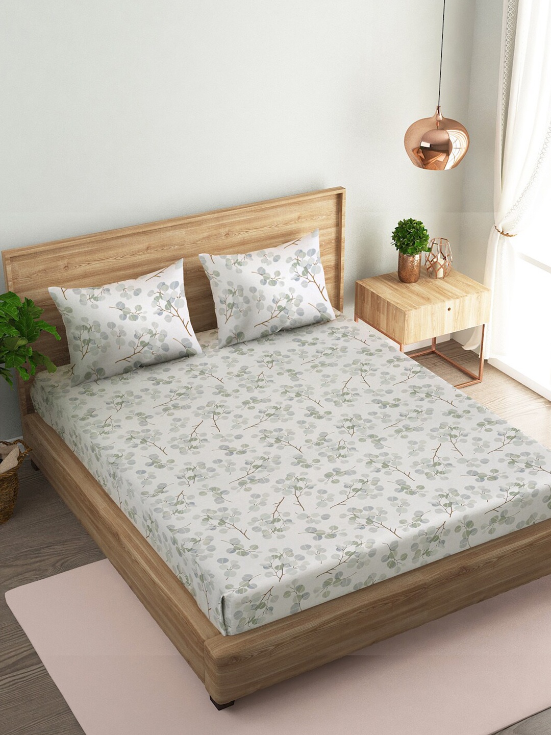 

Naksh White & Green Floral Pure Cotton 144 TC Queen Bedsheet With 2 Pillow Covers