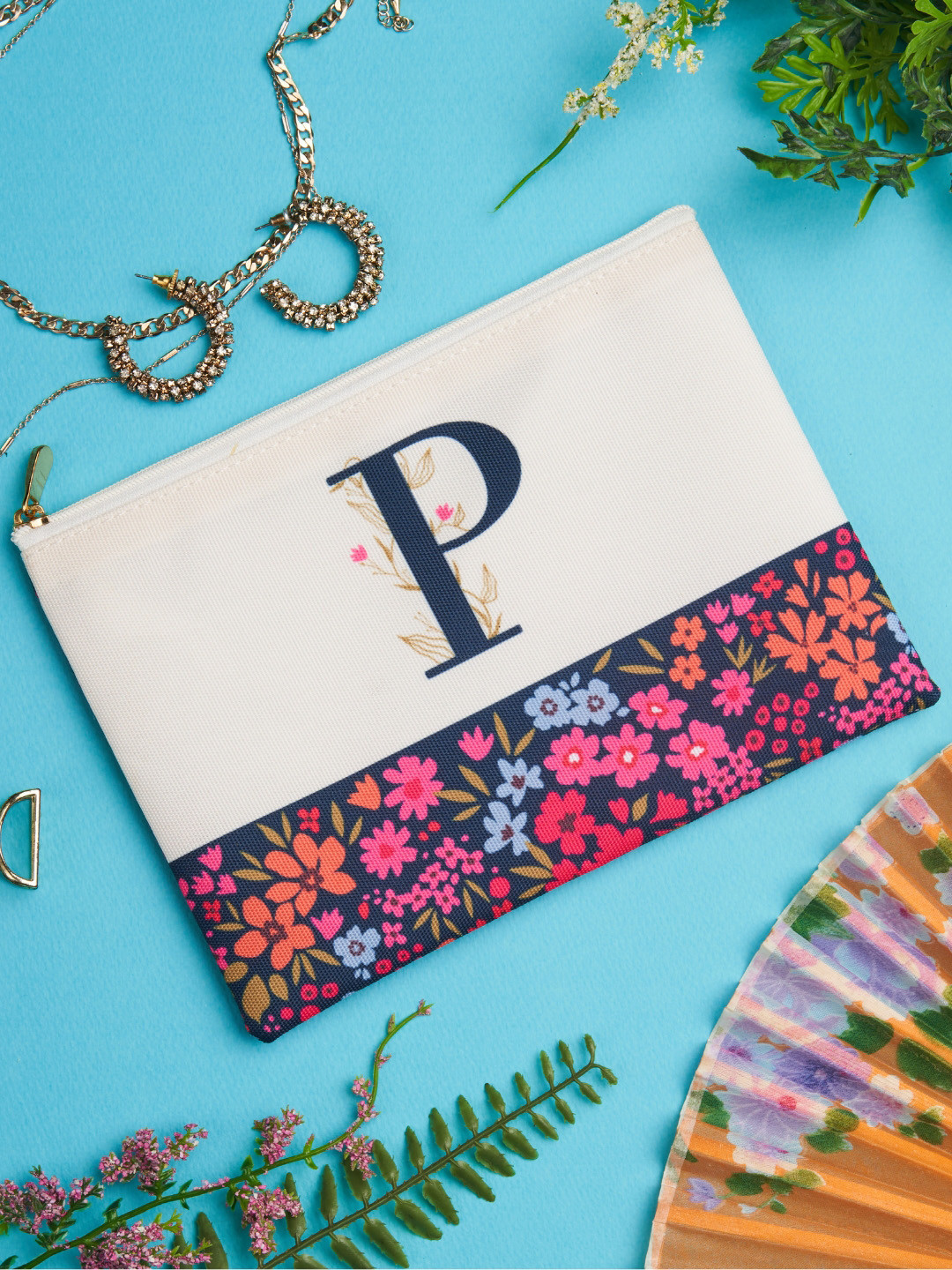 

Doodle Floral Printed Cosmetic Pouch, Navy blue