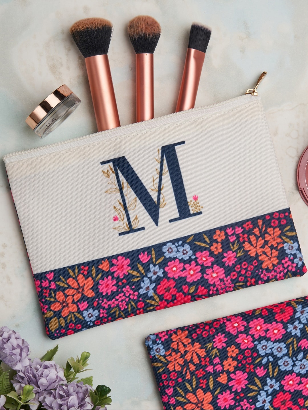 

Doodle Floral Printed Cosmetic Pouch, Navy blue