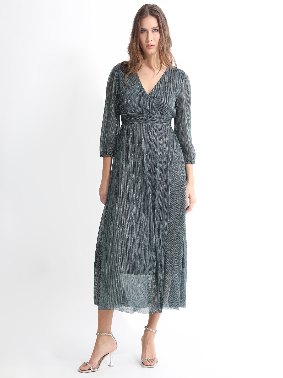 

RAREISM Self Design Cuffed Sleeves Fit & Flare Midi Dress, Silver