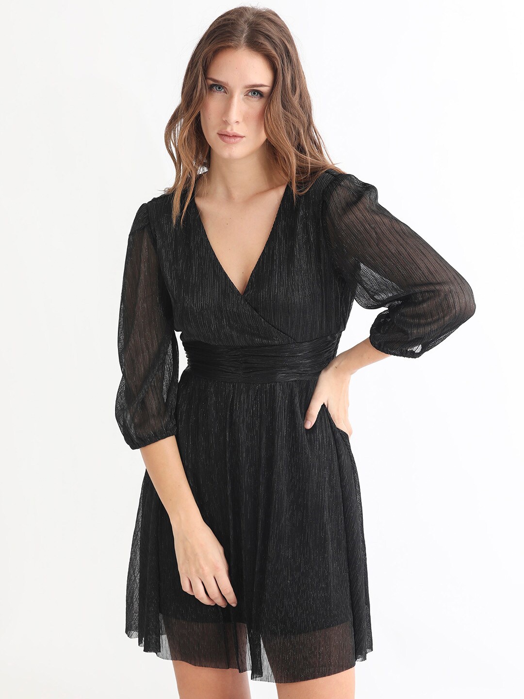 

RAREISM Embellished V-Neck Puff Sleeves Fit & Flare Mini Dress, Black