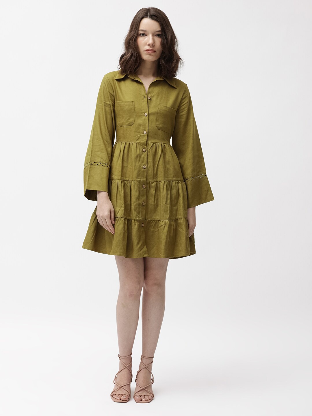 

RAREISM Shirt Collar Cotton A-Line Dress, Green