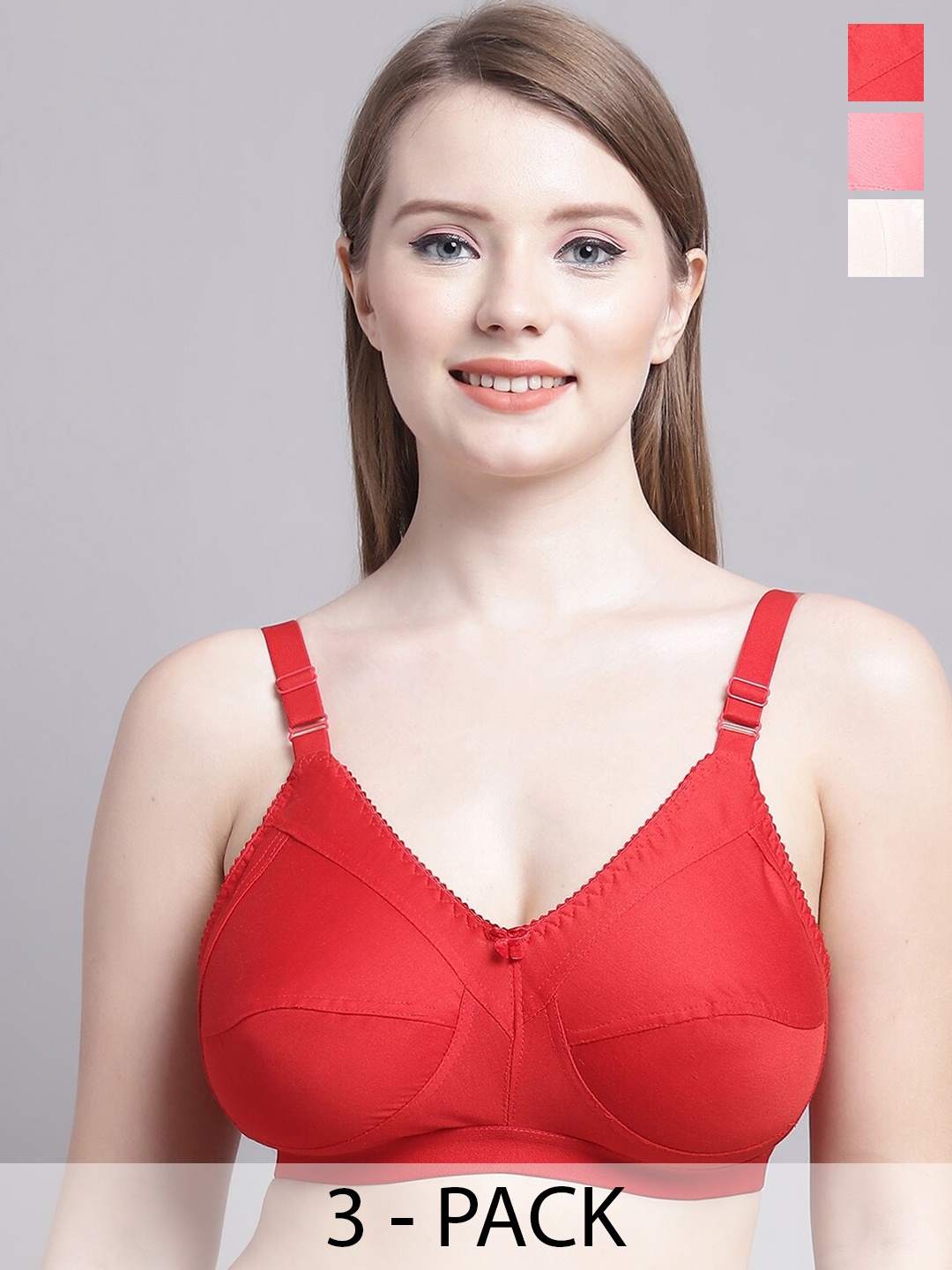 

GRACIT Pack Of 3 Medium Coverage Non-Padded Everyday Bra With All Day Comfort, Red