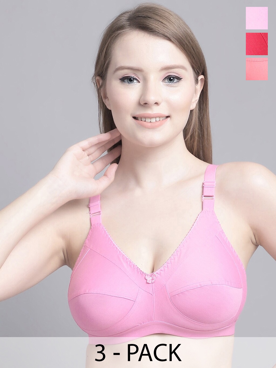 

GRACIT Pack Of 3 Medium Coverage Non-Padded Everyday Bra With All Day Comfort, Pink