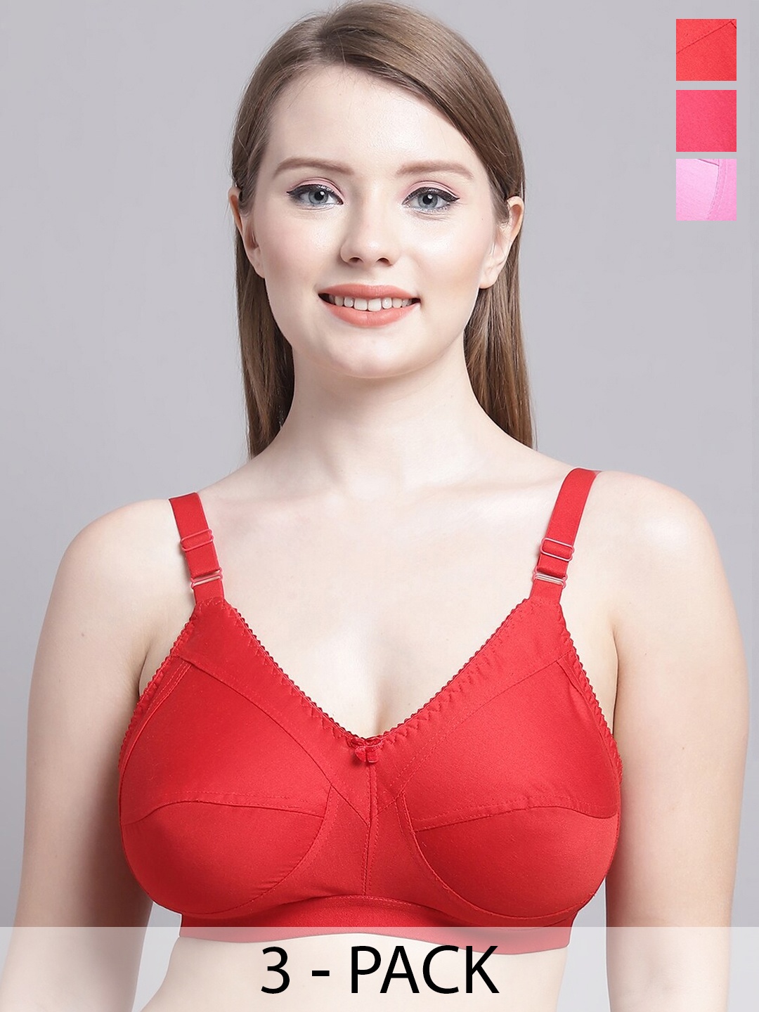 

GRACIT Pack Of 3 Medium Coverage Non-Padded Everyday Bra With All Day Comfort, Red