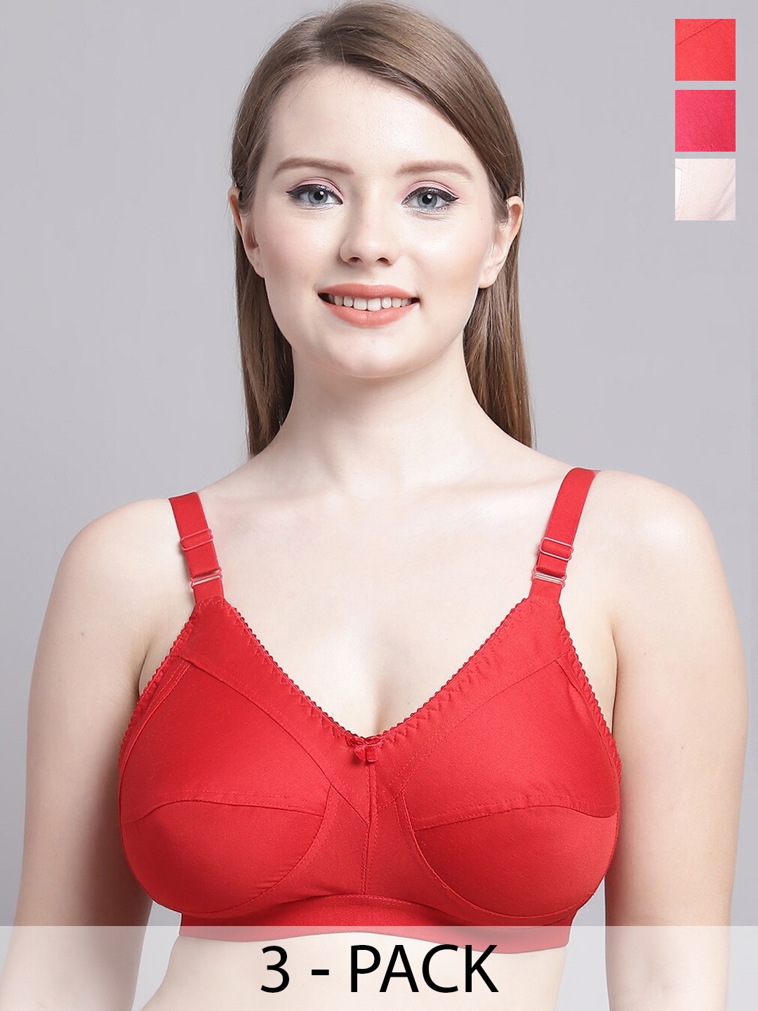 

GRACIT Pack Of 3 Medium Coverage Non-Padded Everyday Bra With All Day Comfort, Red