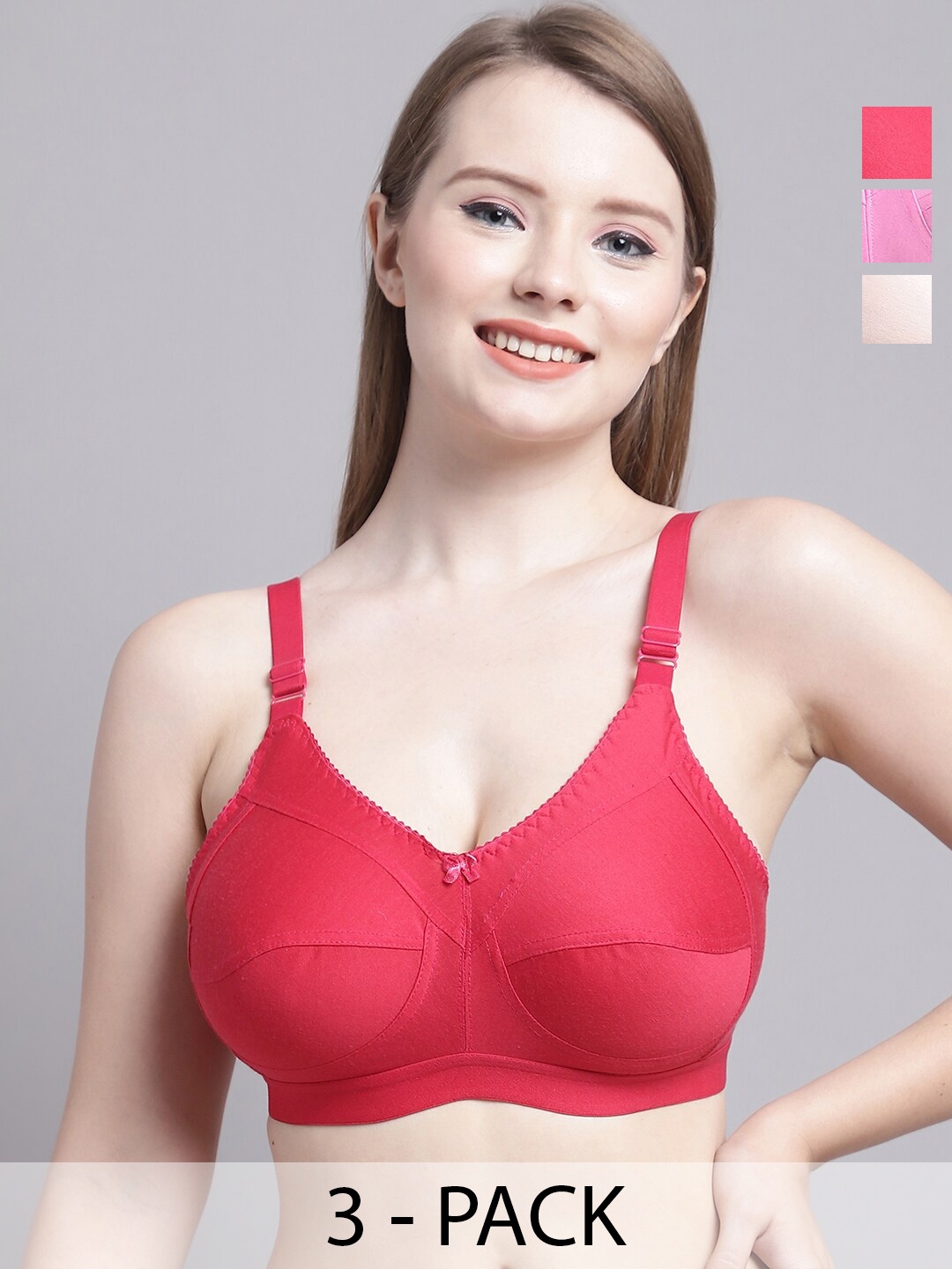 

GRACIT Pack Of 3 Non-Padded Medium Coverage All Day Comfort Everyday Bra, Pink