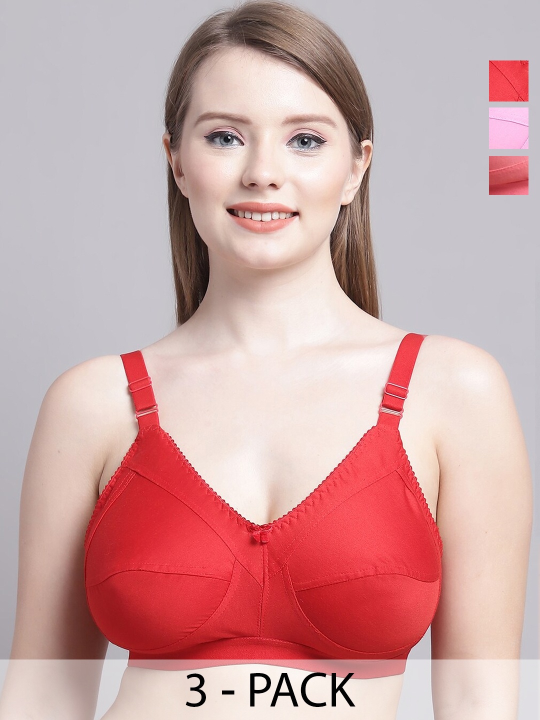 

GRACIT Pack Of 3 Non-Padded Medium Coverage All Day Comfort Everyday Bra, Red