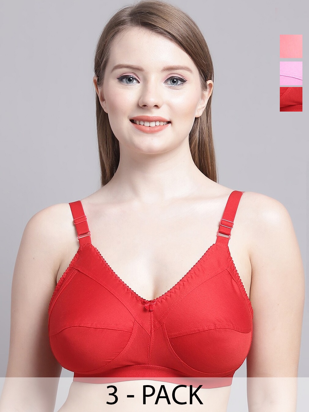 

GRACIT Pack Of 3 Non-Padded Medium Coverage All Day Comfort Everyday Bra, Red