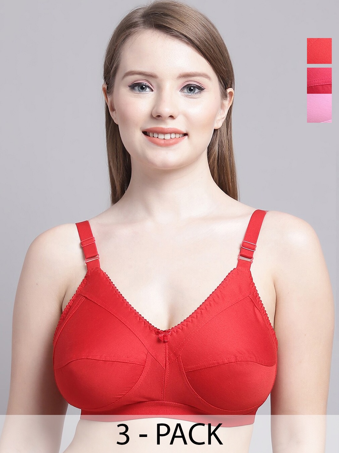 

GRACIT Pack Of 3 Non-Padded Medium Coverage All Day Comfort Everyday Bra, Red
