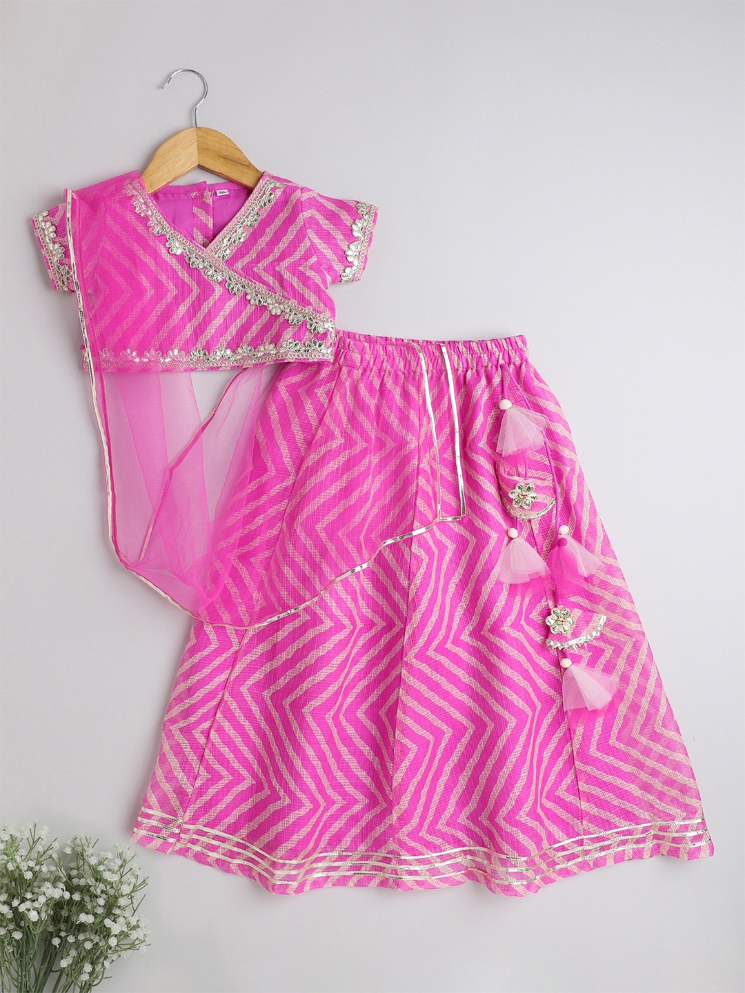 

The Magic Wand Girls Embellished Gotta Patti Ready To Wear Lehenga & Blouse With Dupatta, Pink