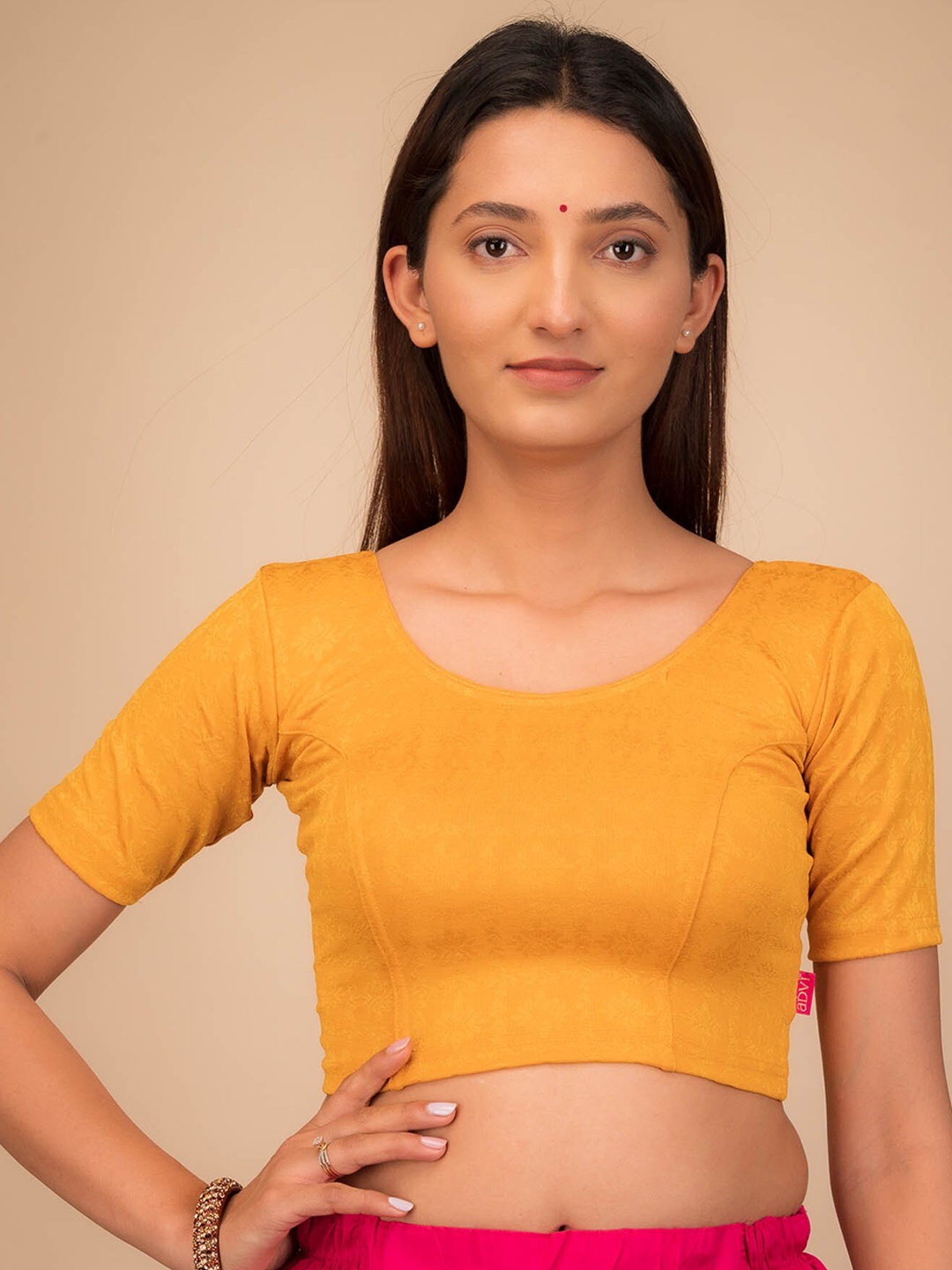 

Bindigasm's Advi Stretchable Jacquard Saree Blouse, Mustard