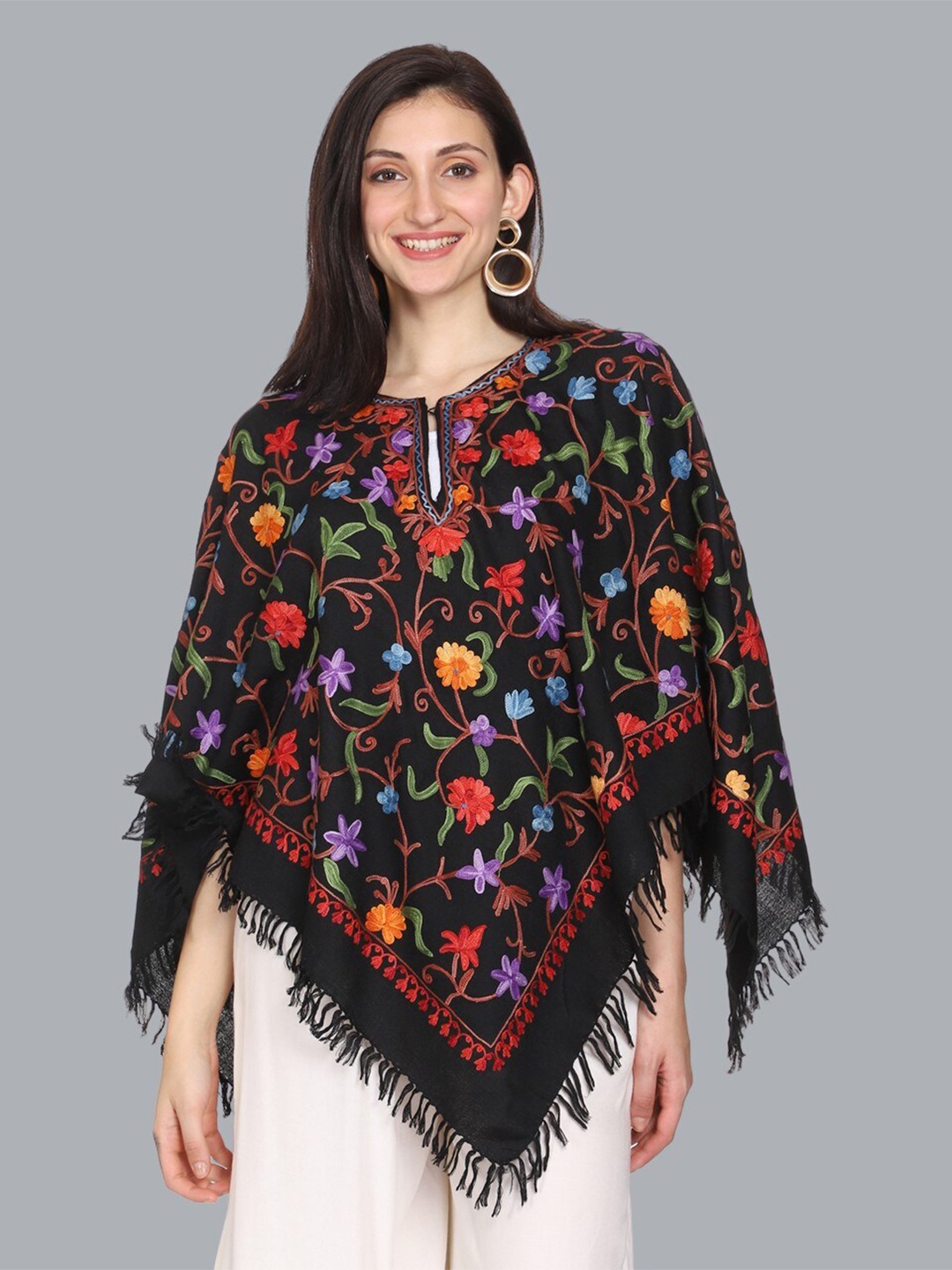 

CRAFTBAZAR Embroidered Poncho Sweater, Black