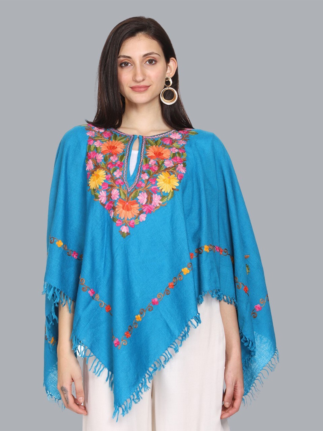 

CRAFTBAZAR Embroidered Poncho Sweater, Turquoise blue