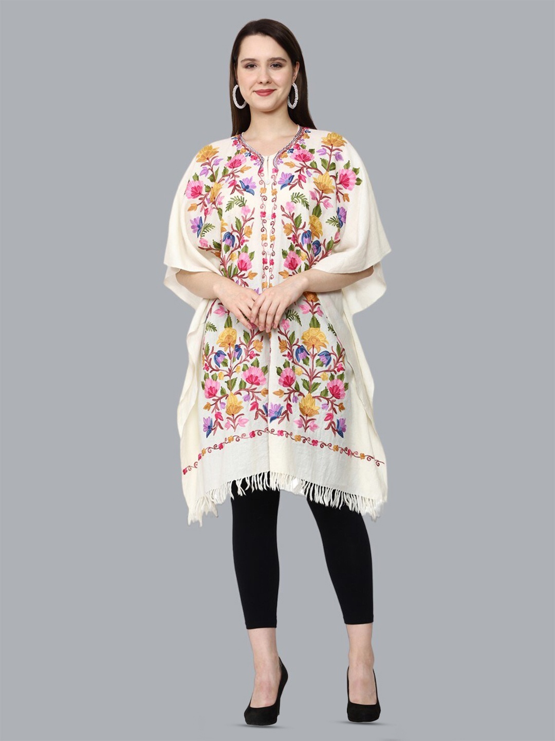 

CRAFTBAZAR Embroidered Poncho Sweater, Off white