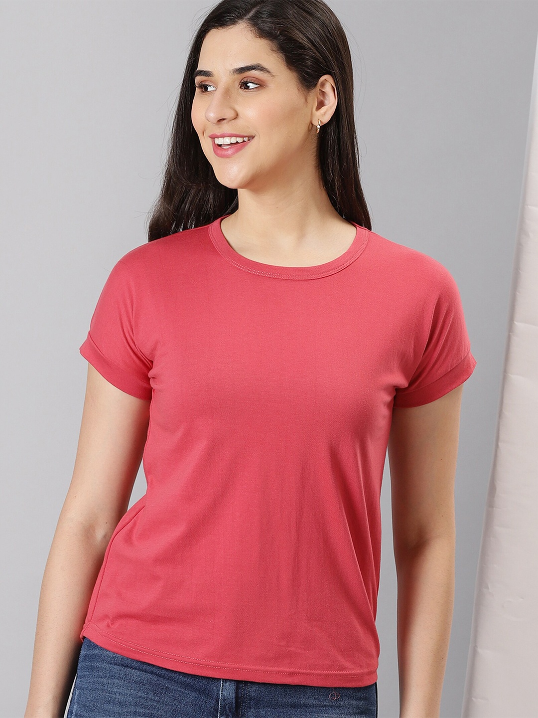 

AUSK Round Neck Extended Sleeves Casual T-Shirt, Peach