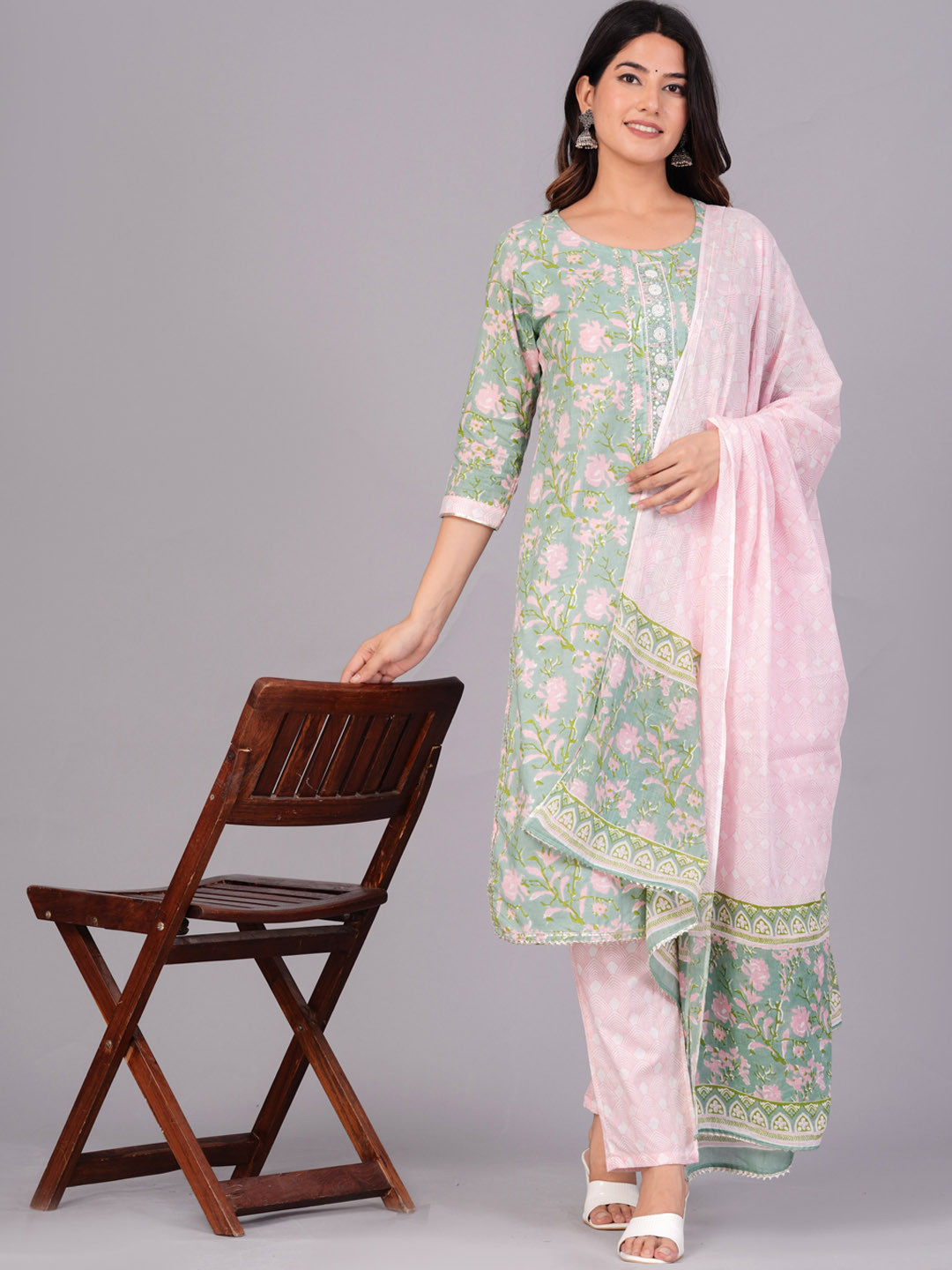 

KALINI Floral Printed Thread Work Pure Cotton Kurta & Trousers With Dupatta, Green