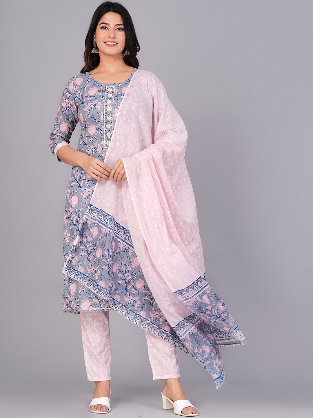 

KALINI Floral Printed Gotta Patti Pure Cotton Kurta & Trousers With Dupatta, Blue