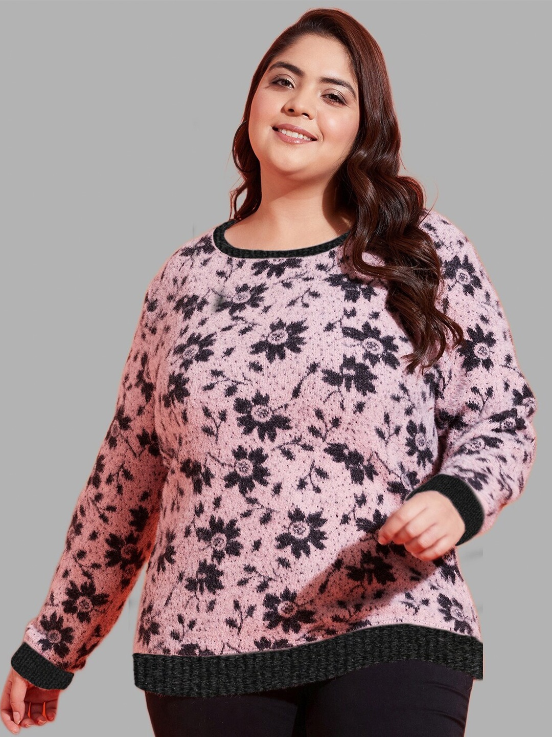 

AUSTIVO Floral Printed Ribbed Acrylic Pullover, Pink