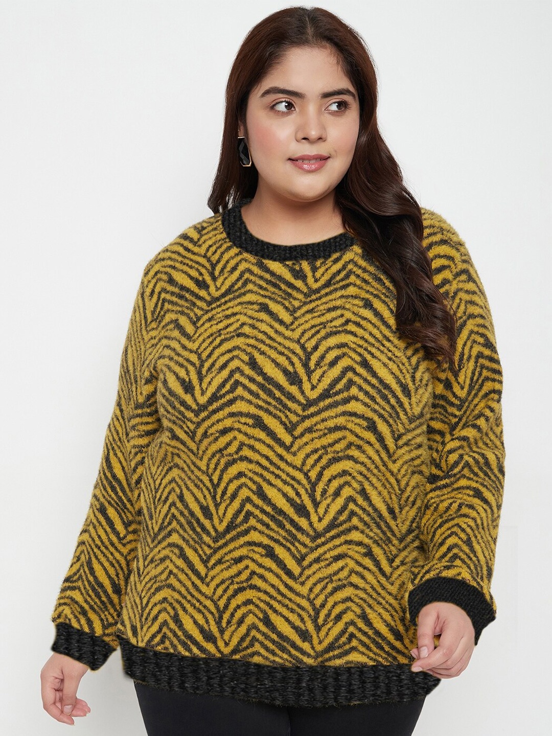 

AUSTIVO Plus Size Abstract Printed Acrylic Pullover, Yellow