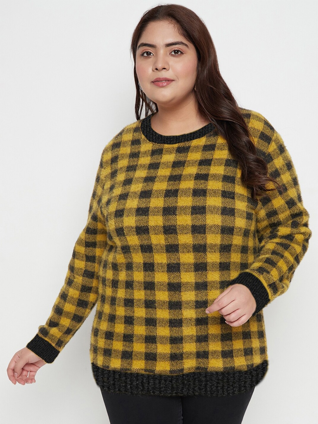 

AUSTIVO Checked Ribbed Acrylic Pullover, Yellow