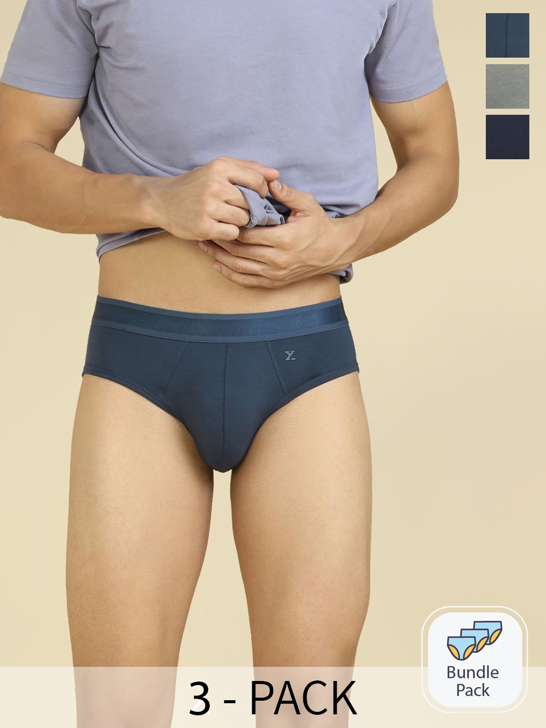 

XYXX Pack Of 3 Premium Pure Cotton Ribbed Briefs XYBRF3PCKN956, Navy blue