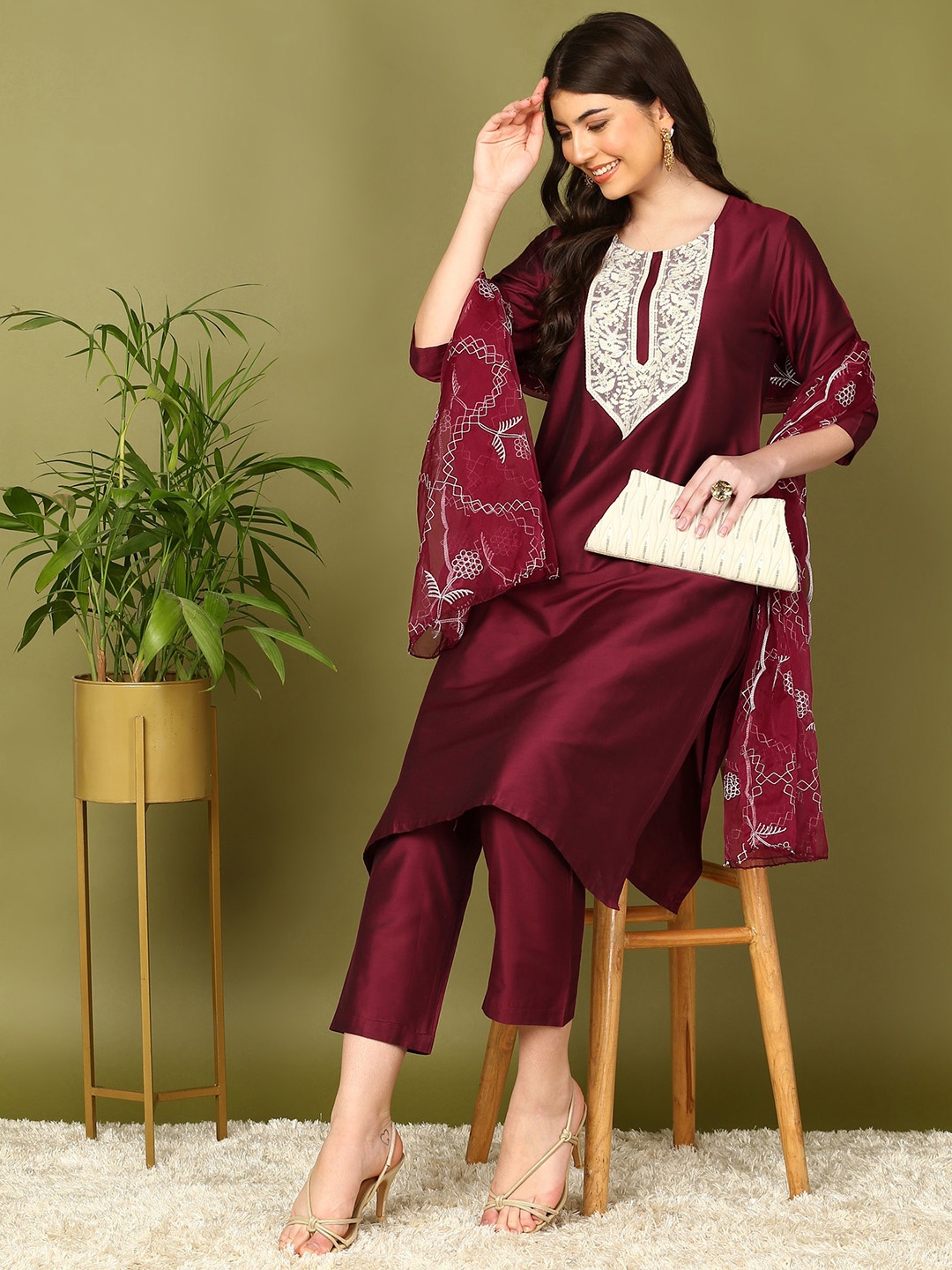

Sangria Yoke Embroidered Straight Kurta With Trousers & Dupatta, Maroon