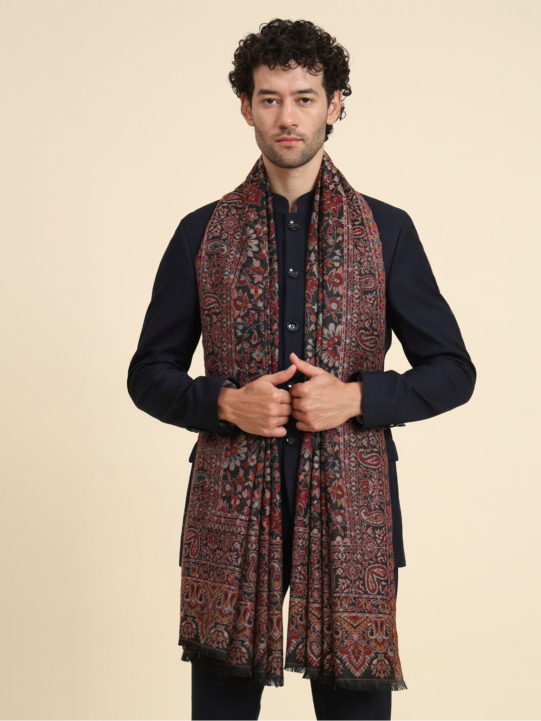 

Zamour Floral Woven-Design Kashmiri Shawl, Black