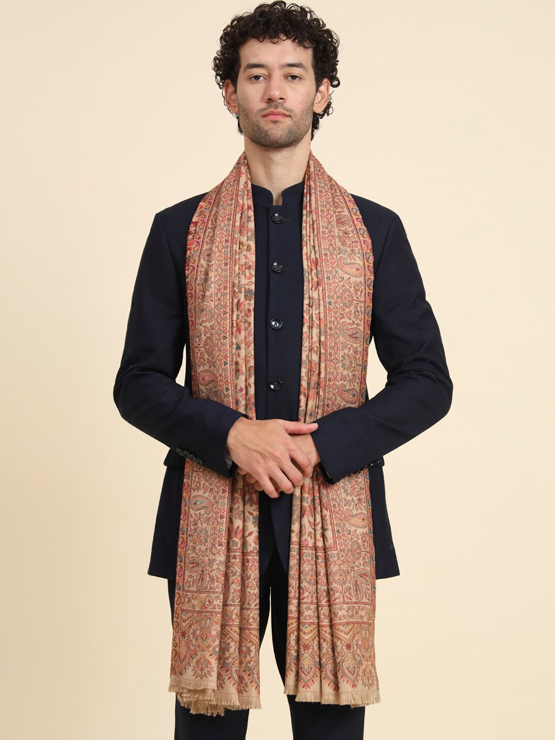 

Zamour Ethnic Motif Woven-Design Kashmiri Shawl, Brown