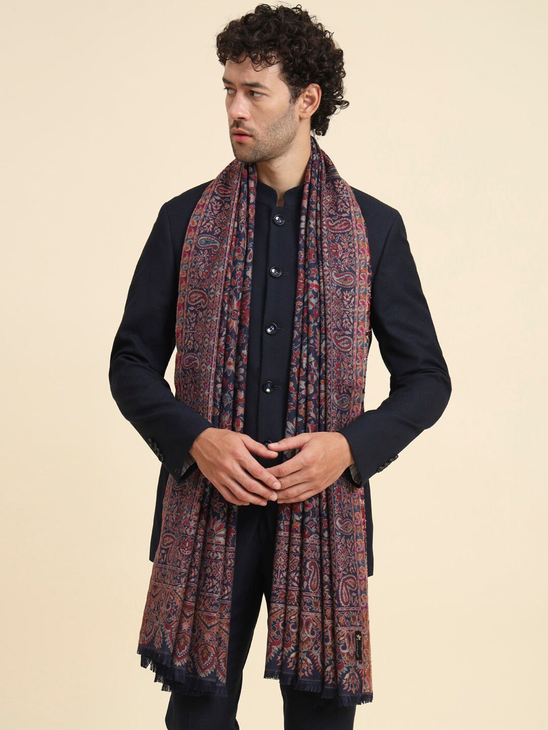 

Zamour Ethinic Motif Woven-Design Kashmiri Shawl, Navy blue