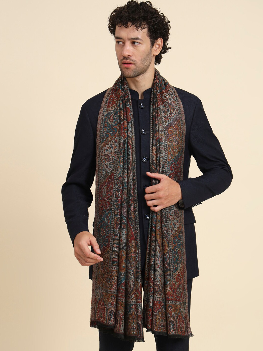 

Zamour Men Ethnic Motif Woven Design Kashmiri Traditional Shawl, Black