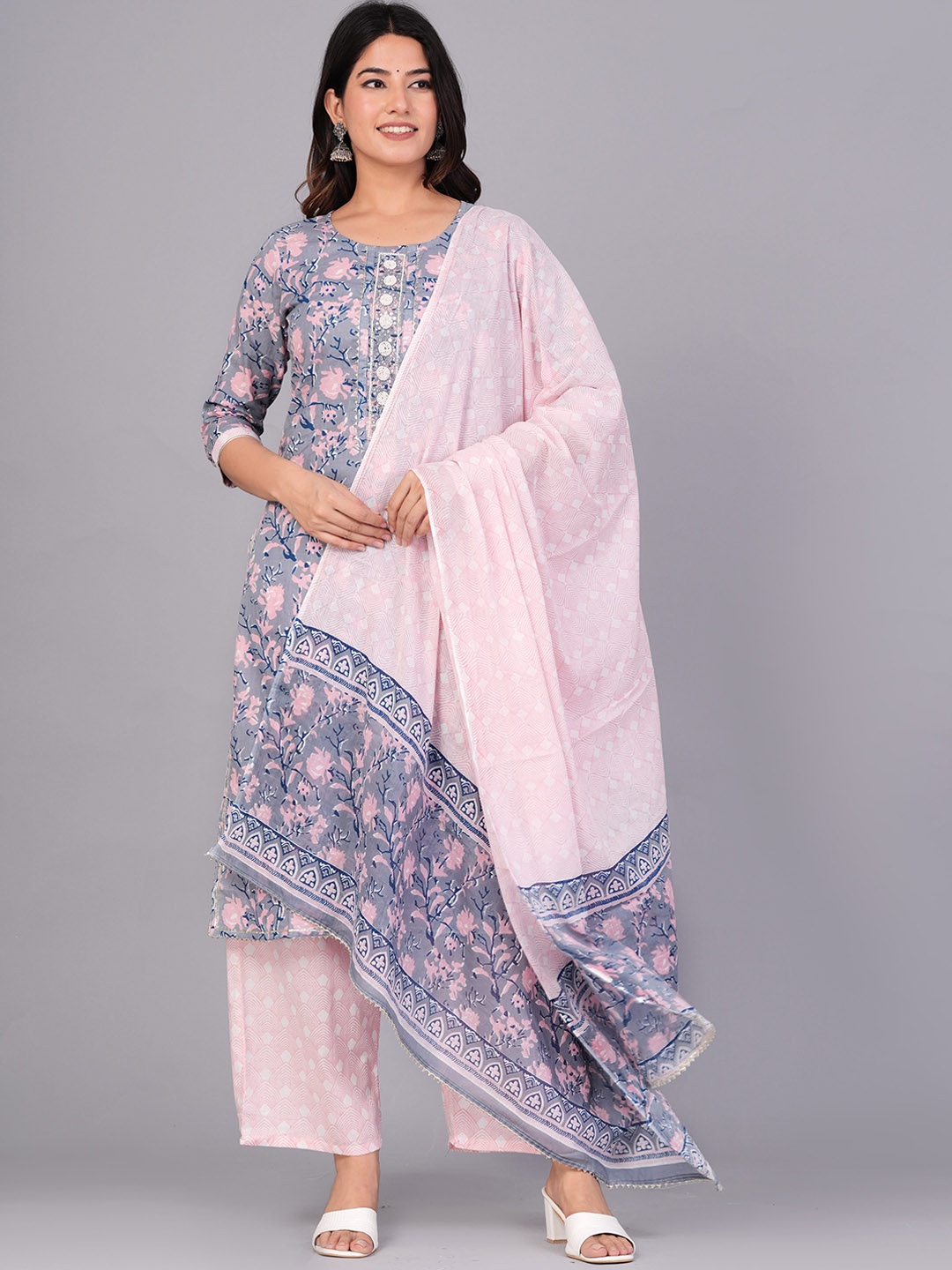 

KALINI Floral Printed Gotta Patti Pure Cotton Straight Kurta With Palazzos & Dupatta, Blue