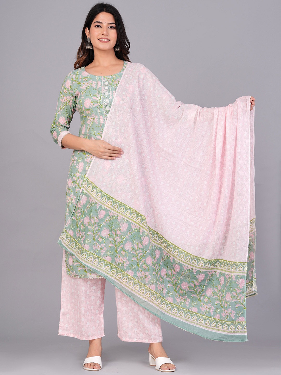 

KALINI Floral Printed With Gotta Patti Details Pure Cotton Kurta with Palazzos & Dupatta, Green