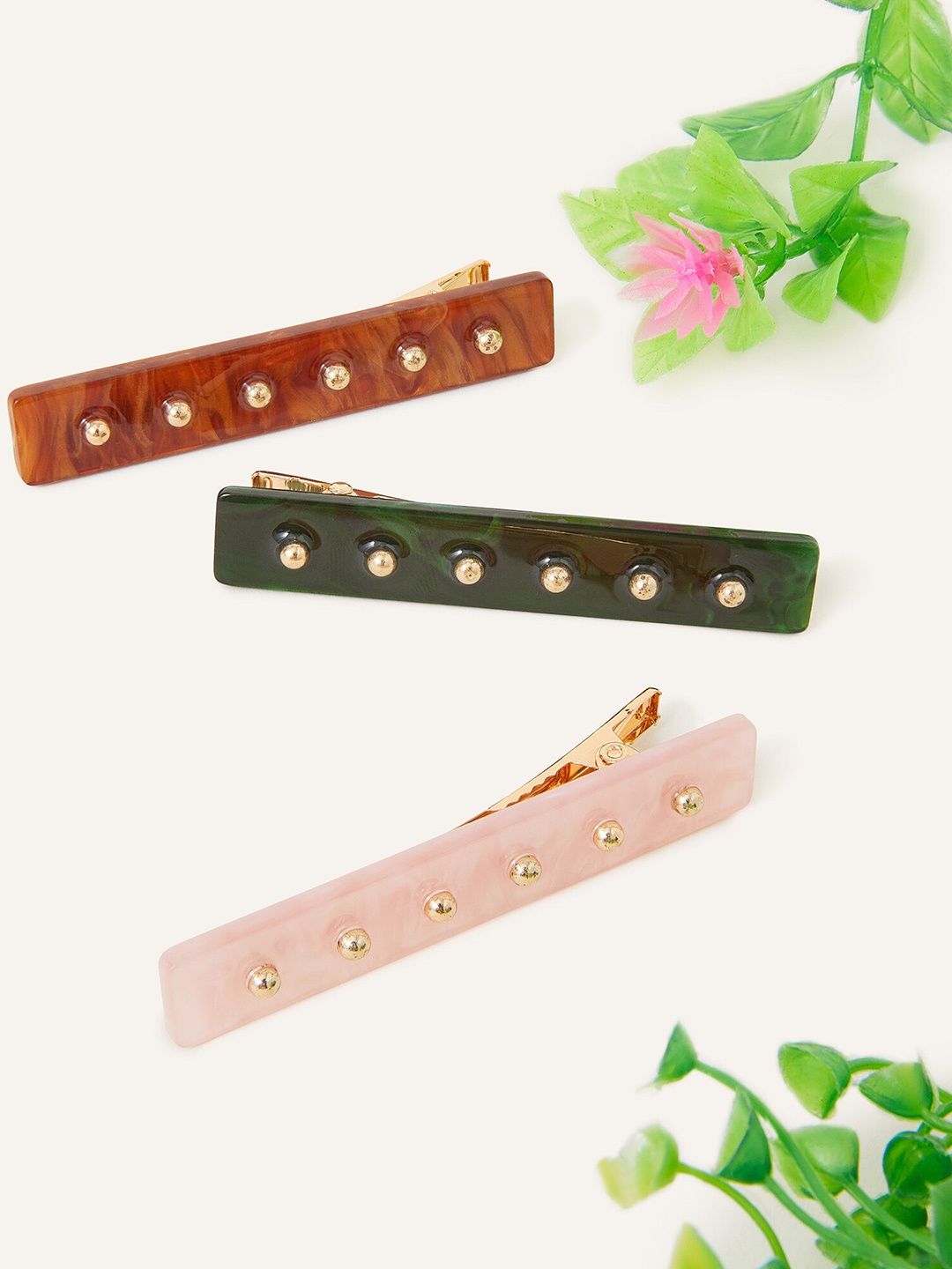 Accessorize Set of 3 Embellished Alligator Hair Clip, Green