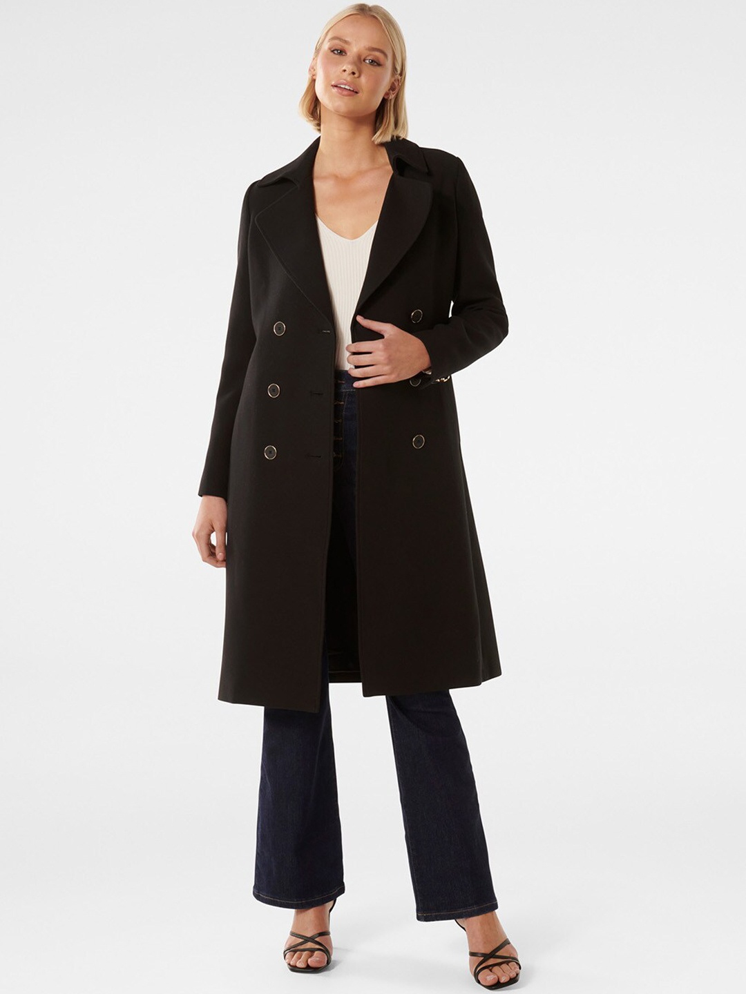 

Forever New Notched Lapel Double-Breasted Longline Trench Coat, Black
