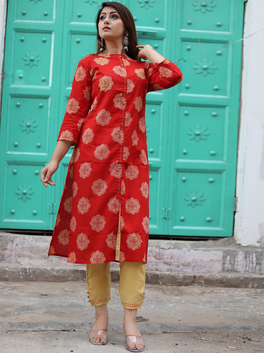 

misbis Ethnic Motifs Printed Regular Pure Cotton Kurta With Trousers, Red