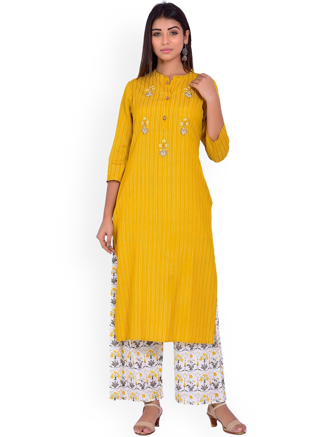 

misbis Striped Regular Thread Work Kurta With Palazzos, Yellow