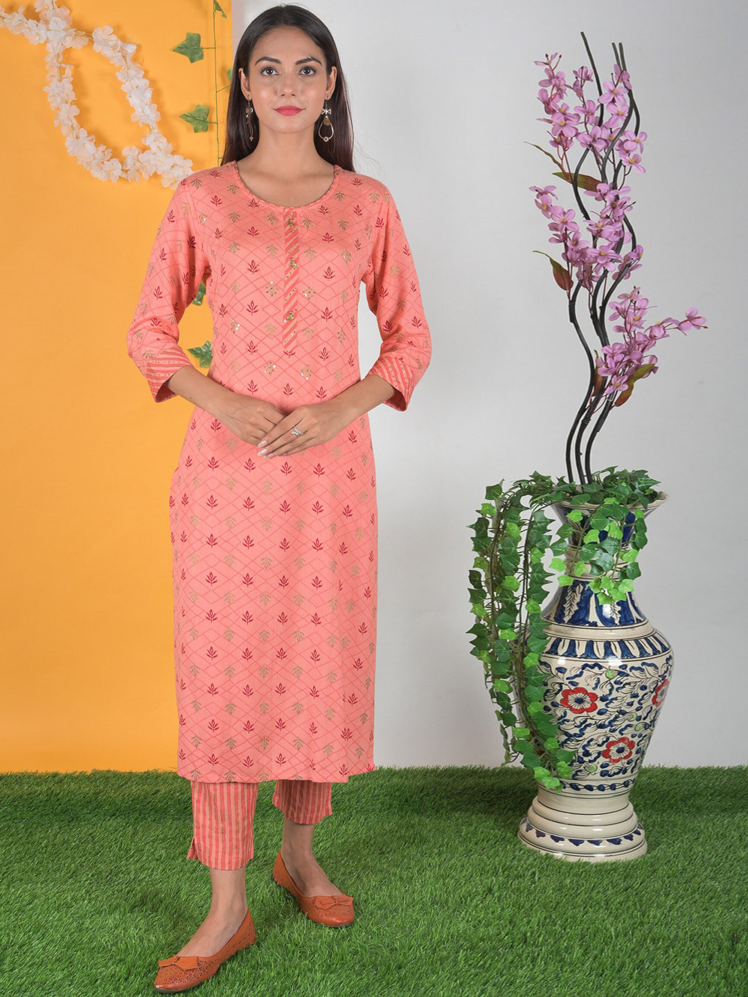 

misbis Ethnic Motif Printed Regular Sequinned Kurta With Trousers, Peach