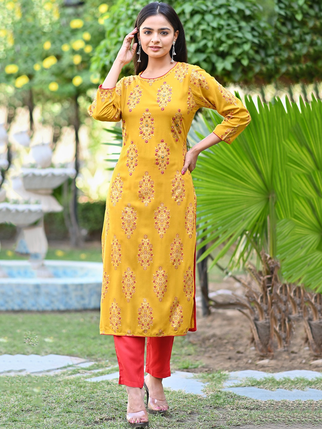 

misbis Ethnic Motif Printed Regular Thread Work Kurta With Trousers, Yellow