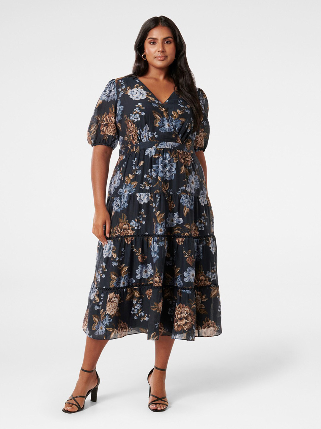 

Forever New Floral Printed V-Neck Gathered Fit & Flare Midi Dress, Black