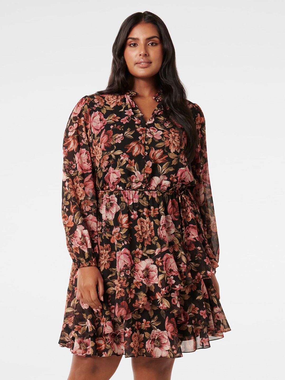

Forever New Floral Printed Mandarin Collar Puff Sleeves A-Line Dress, Black