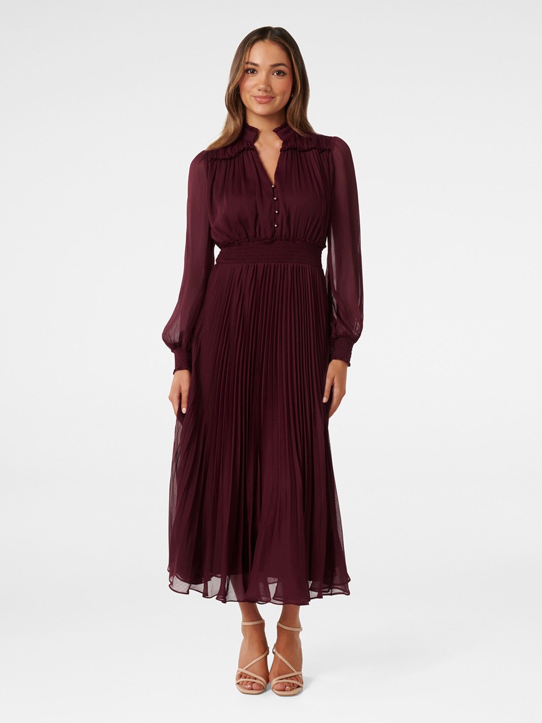 

Forever New Mandarin Collar Accordion Pleated Fit & Flare Midi Dress, Maroon