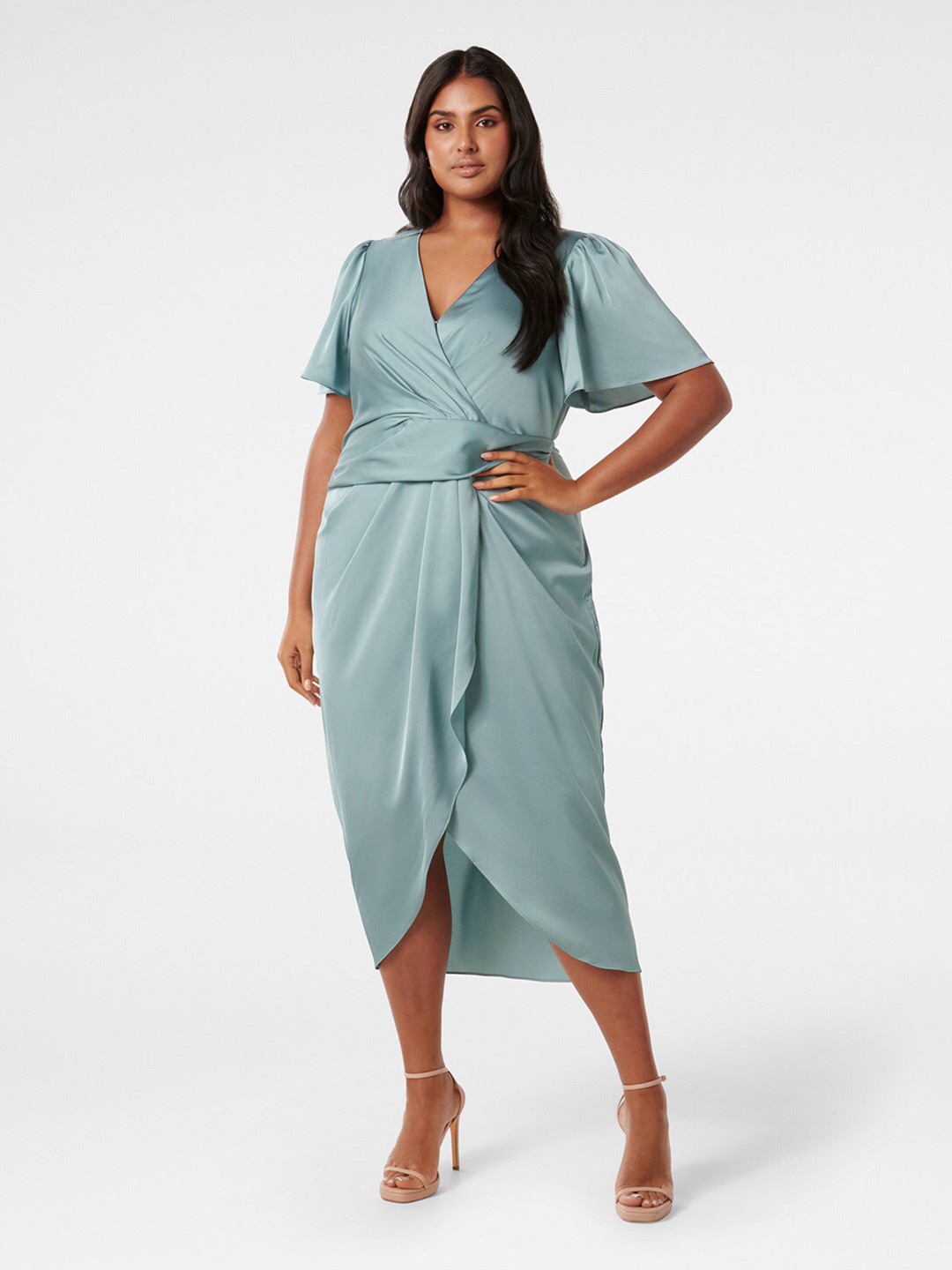 

Forever New Plus Size Flared Sleeves Gathered Wrap Midi Dress, Blue