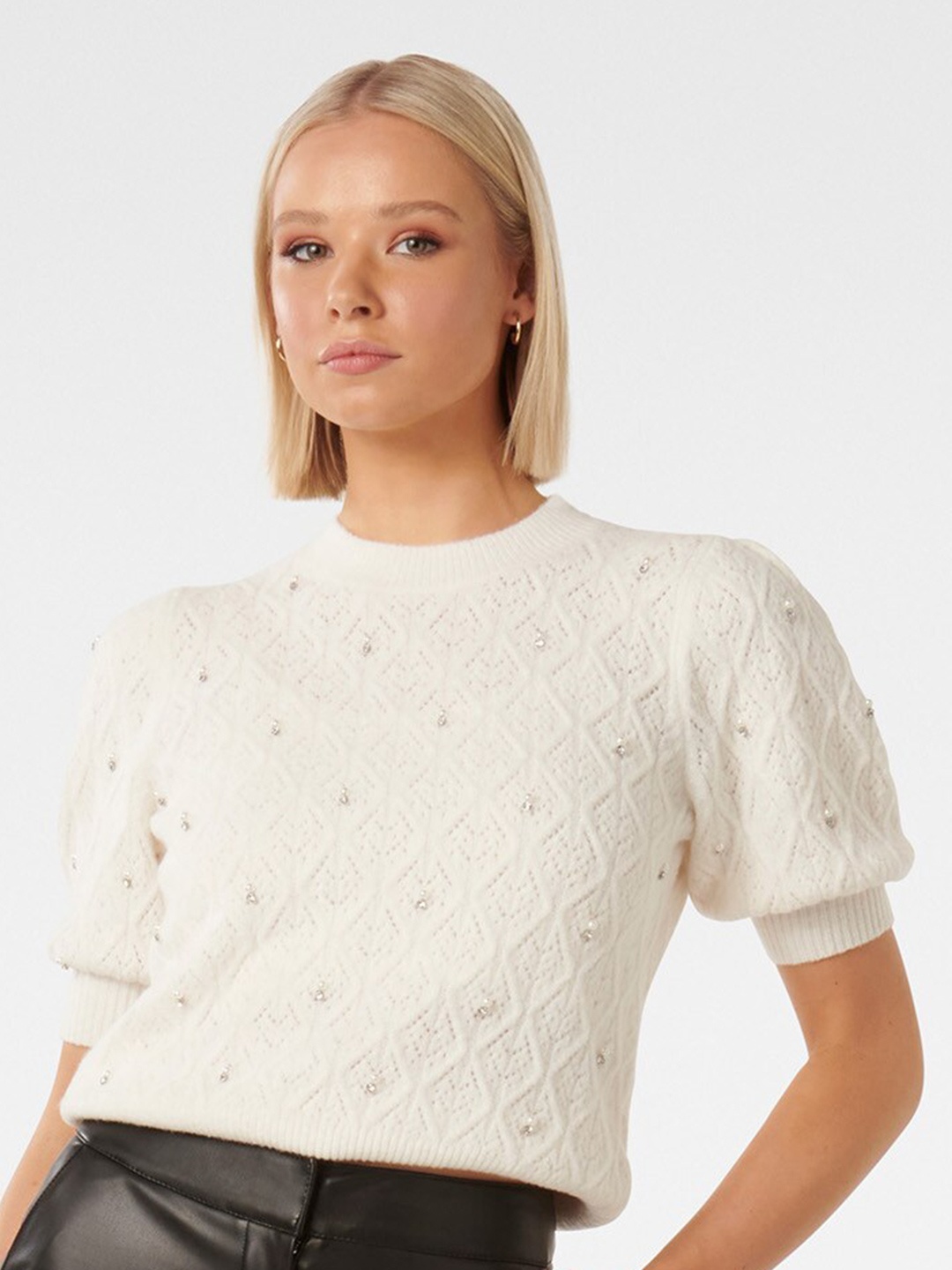 

Forever New Self Design Puff Sleeves Embellished Detail Top, White