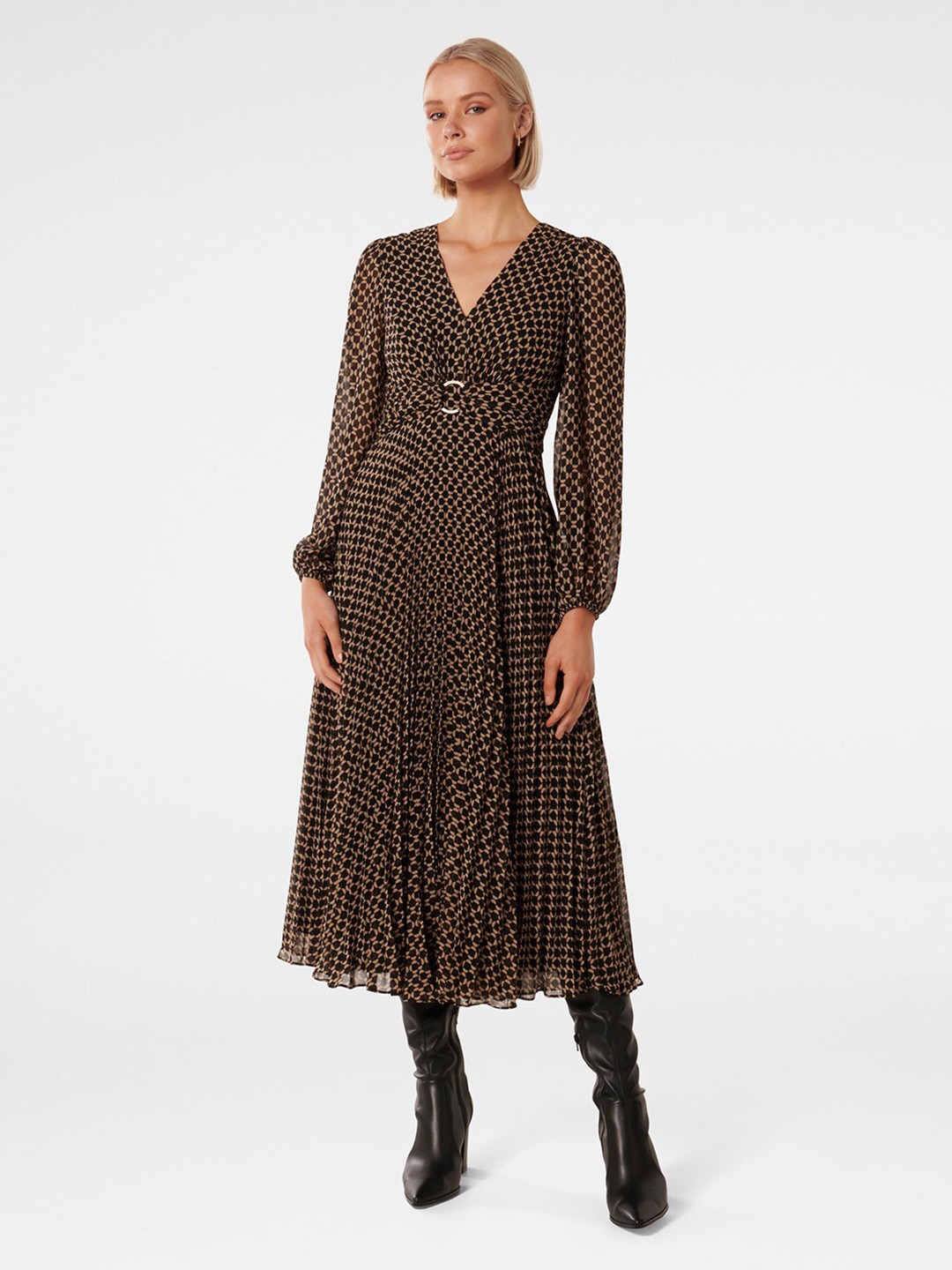 

Forever New Geometric Printed V-neck Puff Sleeve Fit & Flare Dress, Black