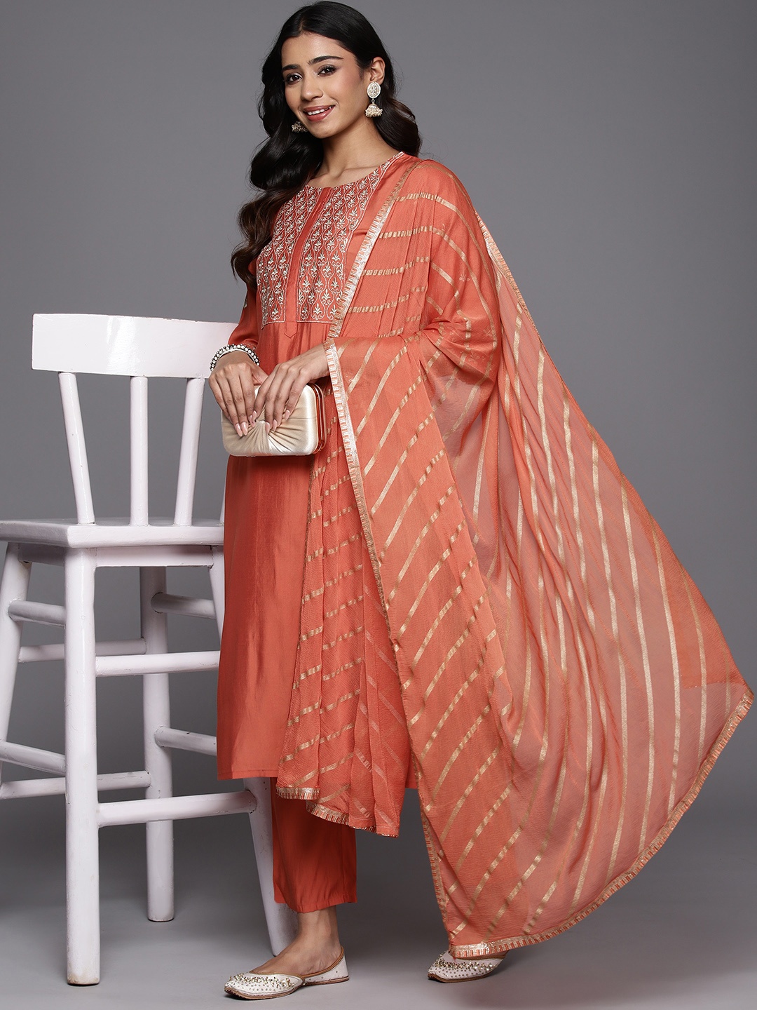 

Libas Women Floral Embroidered Regular Kurta with Trousers With Dupatta, Coral