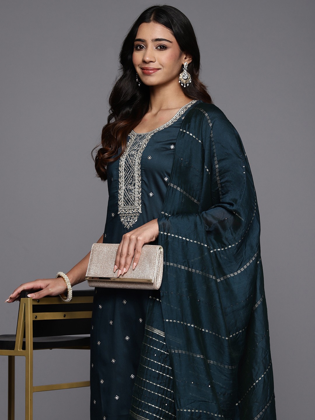 

Libas Women Floral Yoke Design Regular Sequinned Kurta with Trousers With Dupatta, Blue
