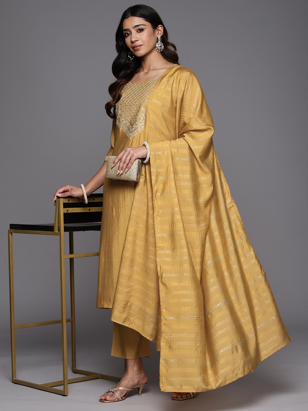 

Libas Women Floral Yoke Design Regular Sequinned Kurta with Trousers With Dupatta, Mustard