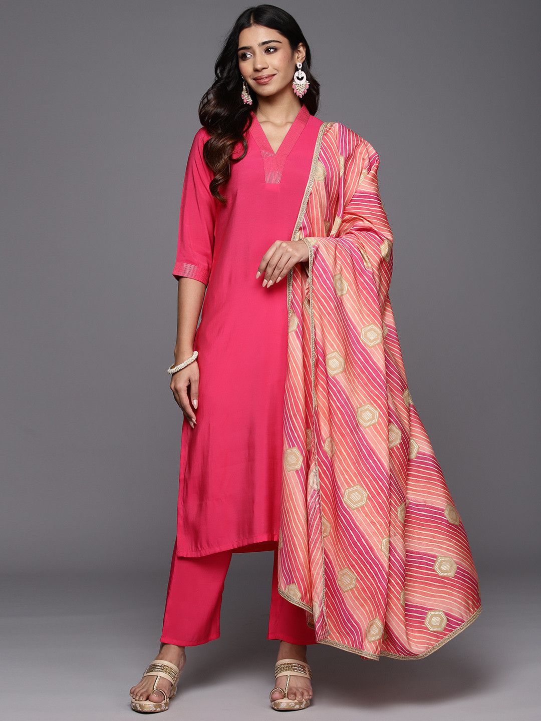 

Libas Women Solid Regular Gotta Patti Kurta with Trousers With Dupatta, Pink