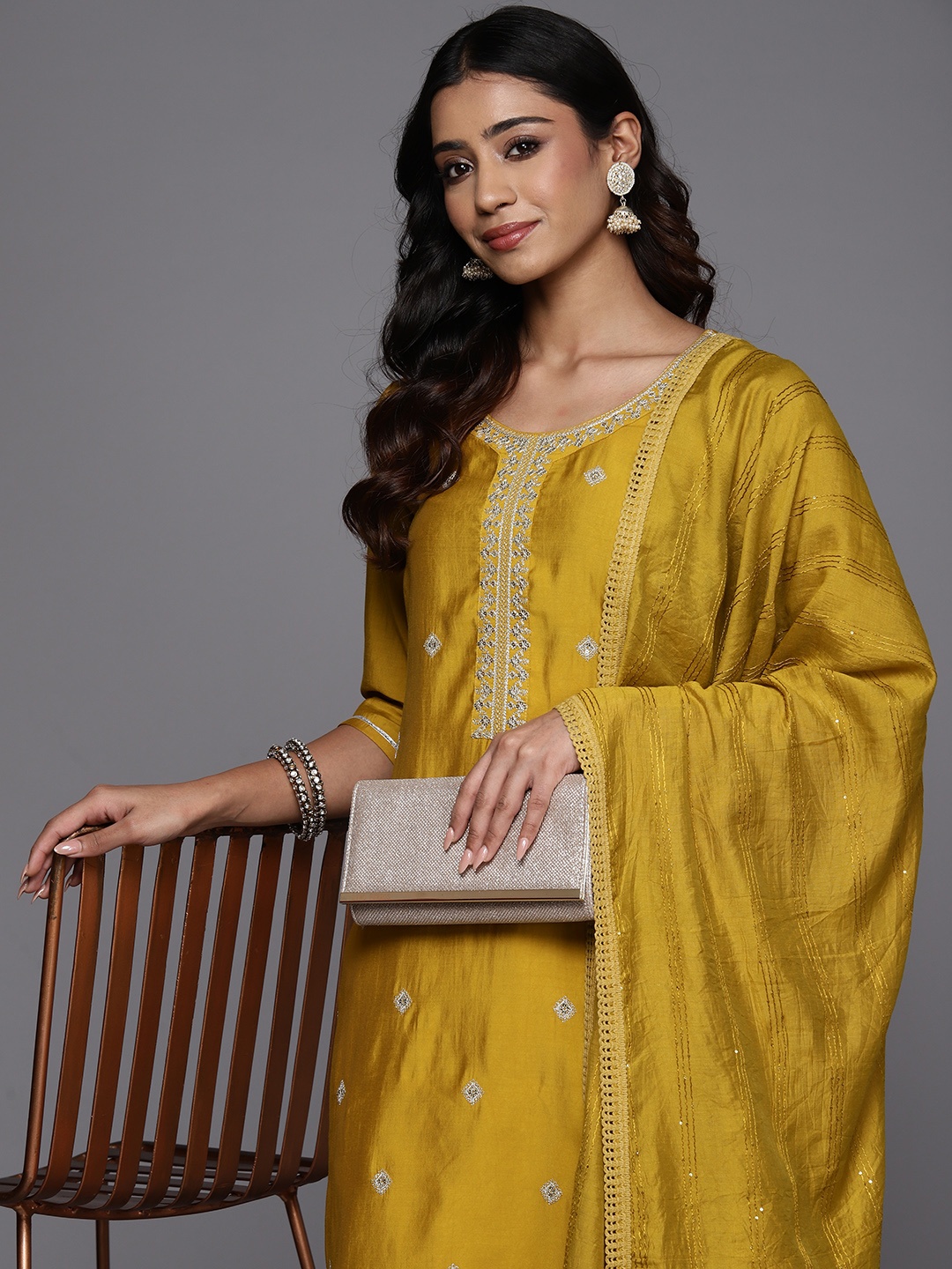 

Libas Women Floral Yoke Design Regular Kurta with Trousers With Dupatta, Mustard